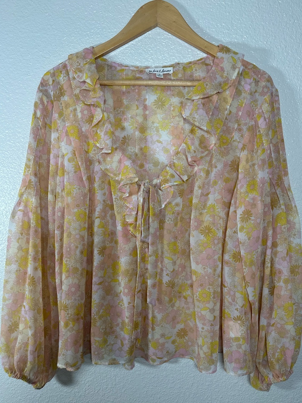 For Love And Lemons Yellow Pink Floral Ruffle Tie-Button Front Blouse Size M - Picture 3 of 10